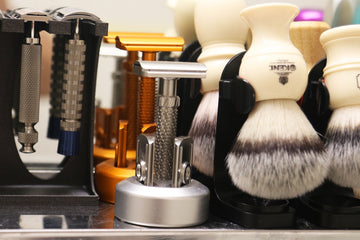 Grooming tools: safety razors and shaving brushes.
