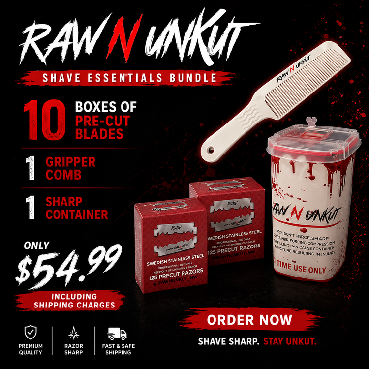 Raw N Unkut Precut Razor Blades Pack of 10 + Gripper Comb + Sharp Container