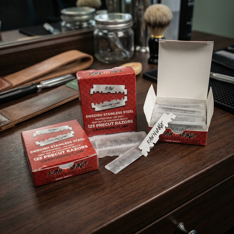 RAW N UNKUT Precut Razor Blades — 125 Blades per Box | Professional Barber Grade Swedish Steel