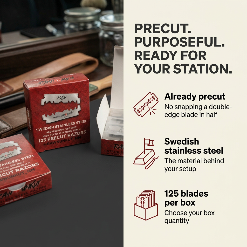 RAW N UNKUT Precut Razor Blades — 125 Blades per Box | Professional Barber Grade Swedish Steel